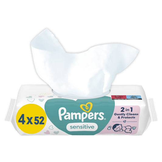 Lingettes Bébé Sensitive Peaux Très Délicates Sans Alcool Sans Parfum PAMPERS les 4 paquets de 52 lingettes
