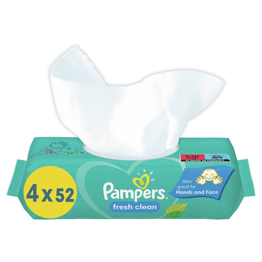 Lingettes Bébé Nettoyantes Fraîches, Parfum Frais PAMPERS les 4 paquets de 52 lingettes