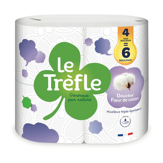 Papier Toilette Moelleux Triple Épaisseur Maxi Rouleau Maxi Feuille Douceur Fleur de Coton LE TREFLE le lot de 4 rouleaux