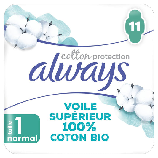 Serviettes Hygiéniques avec Ailettes Normal Taille 1 Coton Bio ALWAYS le pack de 11 serviettes hygiéniques