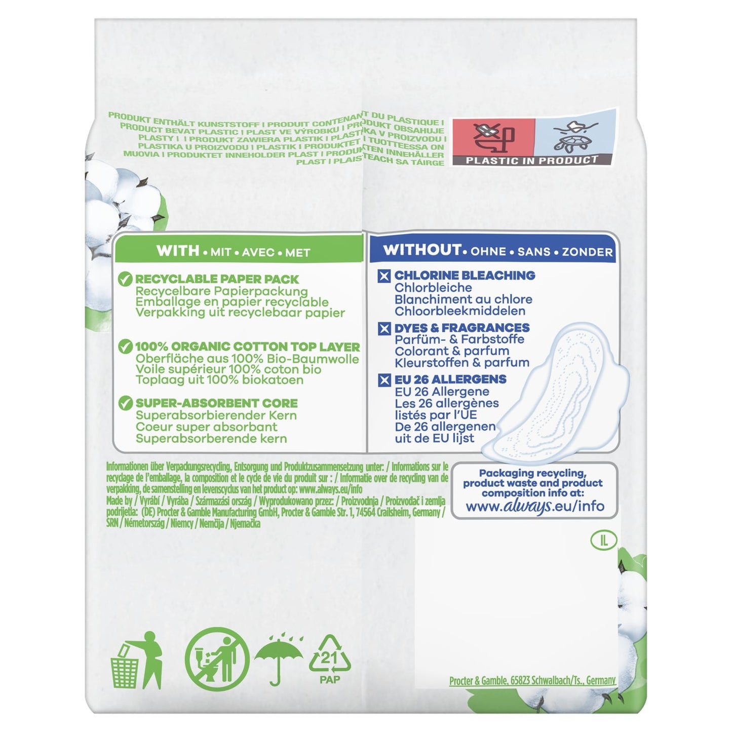 Serviettes Hygiéniques avec Ailettes Long Taille 2 Coton Bio ALWAYS 