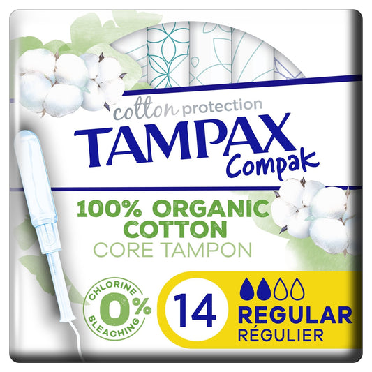 Tampons avec Applicateur Régulier Compak 100% Coton Bio TAMPAX la boite de 14 tampons