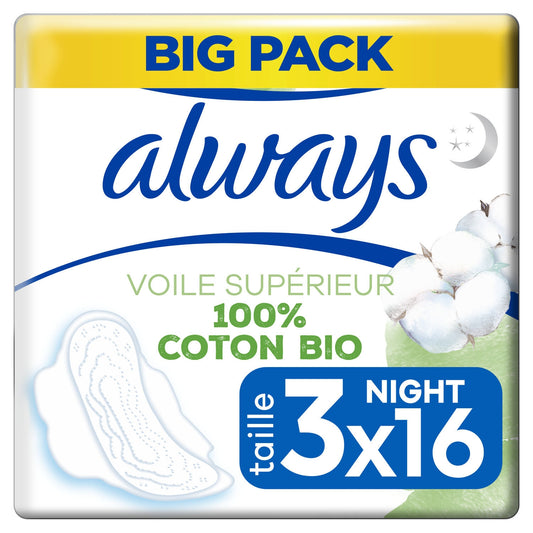 Always Organic Cotton Night Sanitary Towels with Wings Size 3