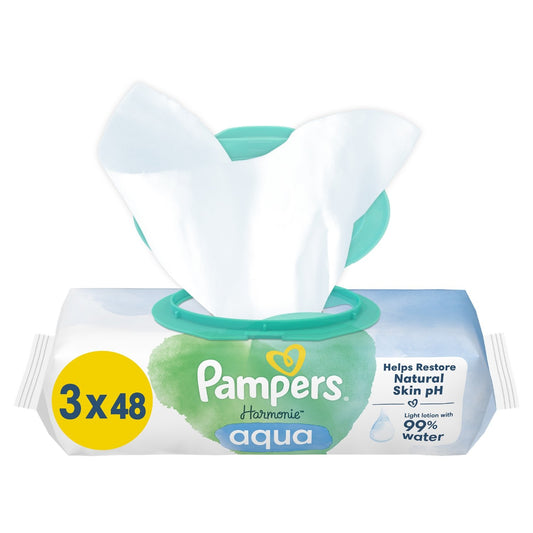 Lingettes Bébé Nettoyantes Corps Mains et Visage Aqua 0% Plastique Harmonie PAMPERS les 3 paquets de 48 lingettes