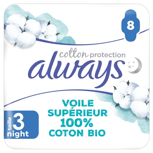 Serviettes Hygiéniques avec Ailettes Nuit Coton Bio Taille 3 ALWAYS le pack de 8 serviettes hygiéniques