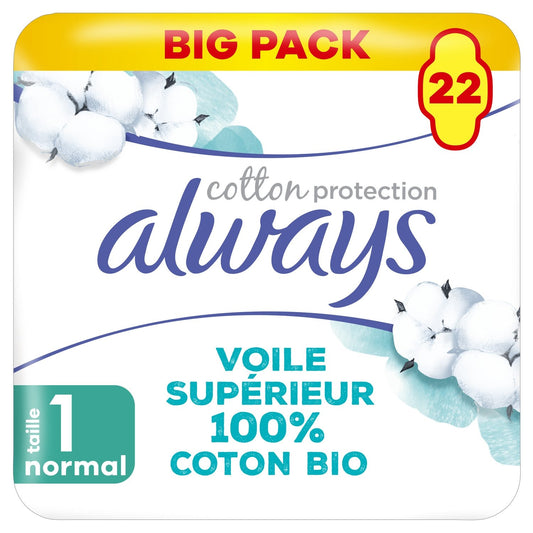 Serviettes Hygiéniques avec Ailettes Normal Taille 1 100% Coton Bio ALWAYS le pack de 22 serviettes hygiéniques