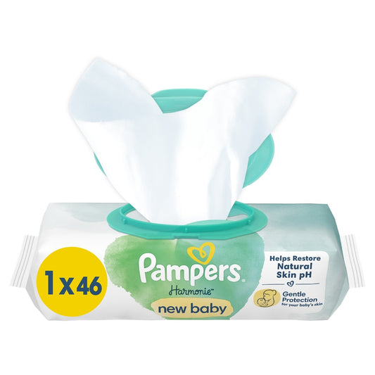 Lingettes Bébé Nettoyantes Peaux Sensibles Sans Alcool et Sans Parfum Harmonie PAMPERS le paquet de 46 lingettes