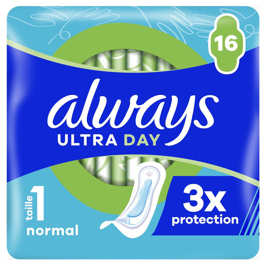 Serviettes Hygiéniques Sans Ailettes Normal Jour Taille 1 Ultra Day ALWAYS le pack de 16 serviettes hygiéniques