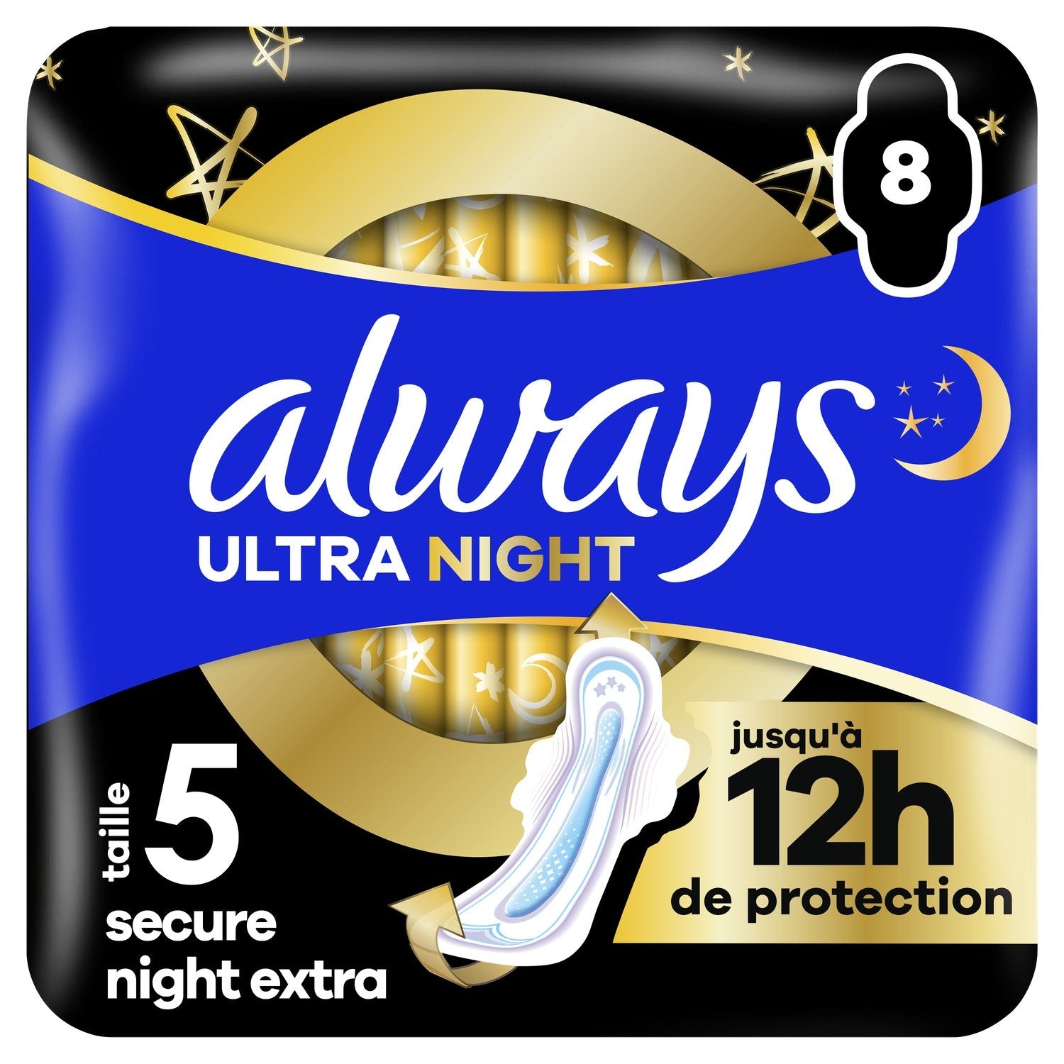 Serviettes Hygiéniques avec Ailettes Nuit Taille 5 Ultra Secure Night Extra ALWAYS le pack de 8 serviettes hygiéniques