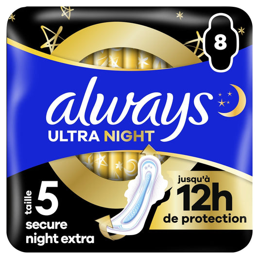 Serviettes Hygiéniques avec Ailettes Nuit Taille 5 Ultra Secure Night Extra ALWAYS le pack de 8 serviettes hygiéniques