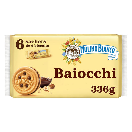 Biscuits Baiocchi Snack Fourrés aux Noisettes et Cacao MULINO BIANCO le paquet de 6 sachets