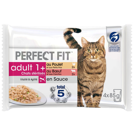 Pâtée pour Chat Adulte Stérilisé Poulet Boeuf PERFECT FIT les 4 sachets - 340 g