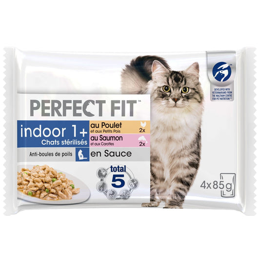 Pâtée pour Chat Adulte Stérilisé Indoor Saumon Poulet PERFECT FIT les 4 sachets de 85g