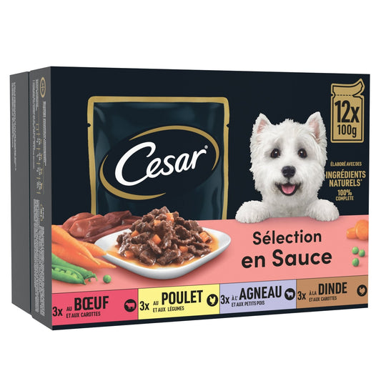 Pâtée pour Chien Adulte Bouchée en Sauce Boeuf Poulet Agneau Dinde CESAR la boîte de 12 sachets fraîcheur
