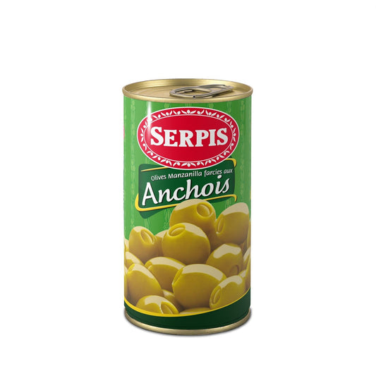 Olives Vertes Manzanilla Farce d'Anchois SERPIS la boîte de 150 g net égoutté
