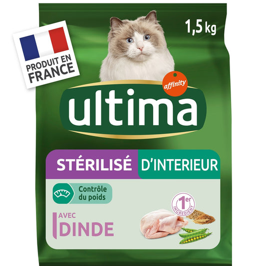 Croquettes pour Chat Adulte Stérilisé d'Intérieur Dinde ULTIMA Le sac d'1,5kg