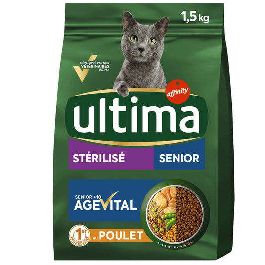 Croquettes pour Chat Sénior Stérilisé Poulet Agevital+10 ULTIMA Le sac d'1,5kg