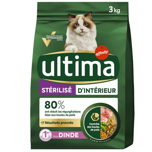Croquettes pour Chat Adulte Stérilisé d'Intérieur Dinde Orge ULTIMA Le sac de 3kg