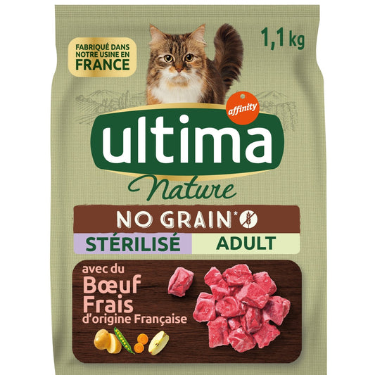 Croquettes pour Chat Adulte Stérilisé Sans Céréales Boeuf ULTIMA NATURE Le sac d'1,1kg