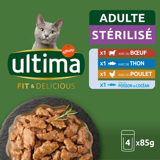 Pâtée pour Chat Adulte Stérilisé en Sauce Boeuf Thon Poulet Poisson Océan Fit & Delicious ULTIMA Les 4 sachets de 85g