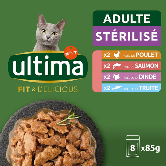Pâtée pour Chat Adulte Stérilisé en Sauce Poulet Saumon Dinde Truite Fit & Delicious ULTIMA Les 8 sachets de 85g