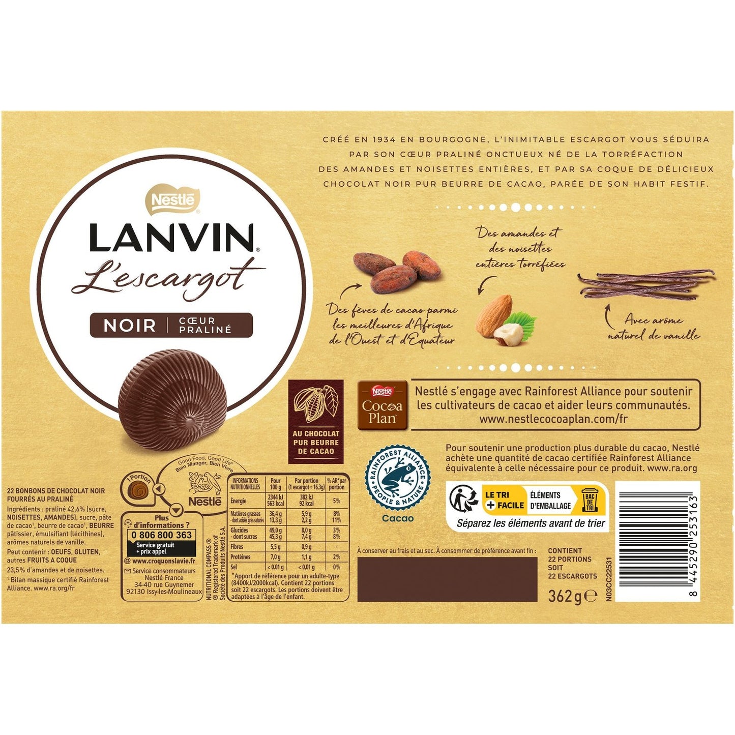 Chocolat Noir Fourré au Praliné Escargot LANVIN