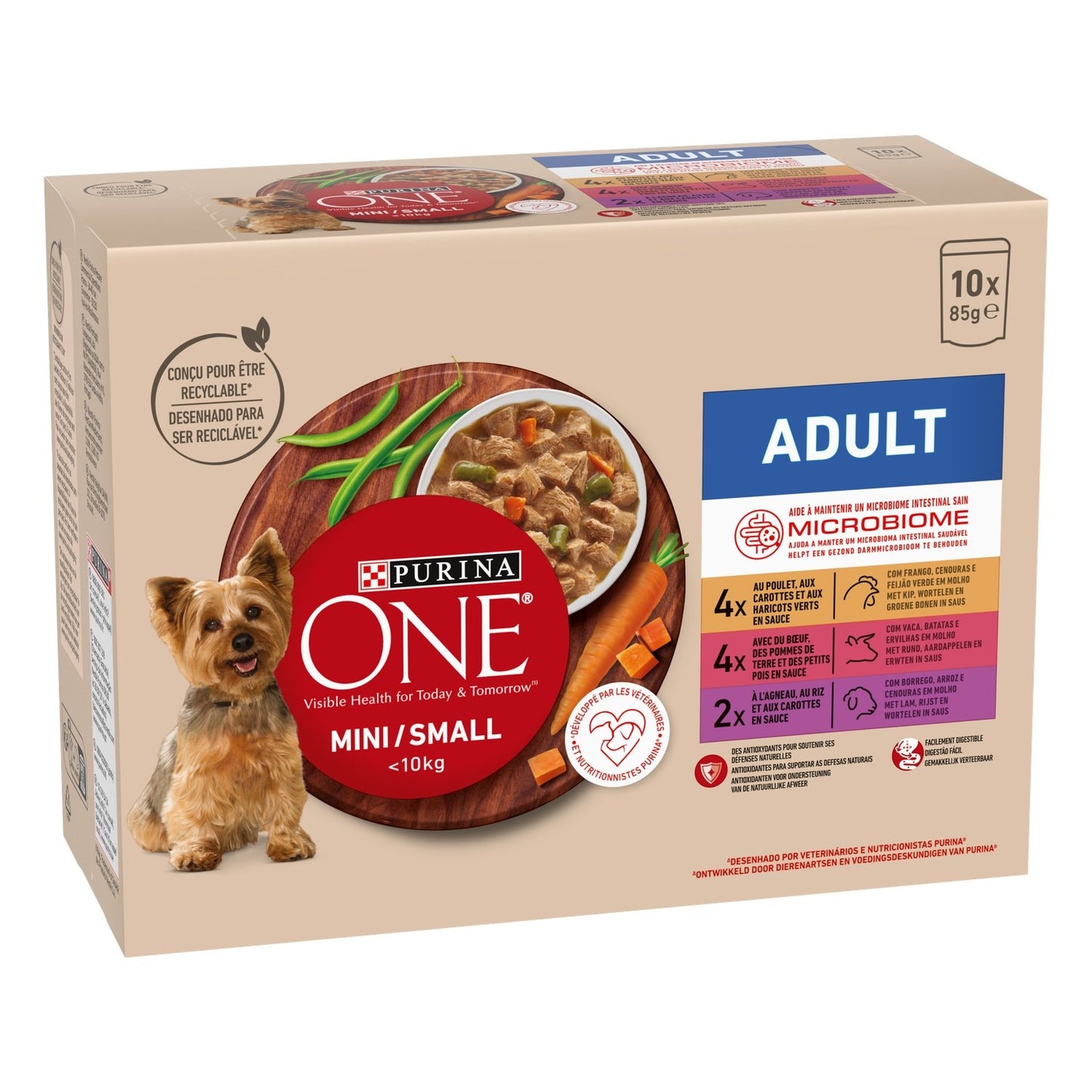 Pâtée pour Chien Adulte Petit < 10kg Microbiome Poulet Boeuf Agneau PURINA ONE