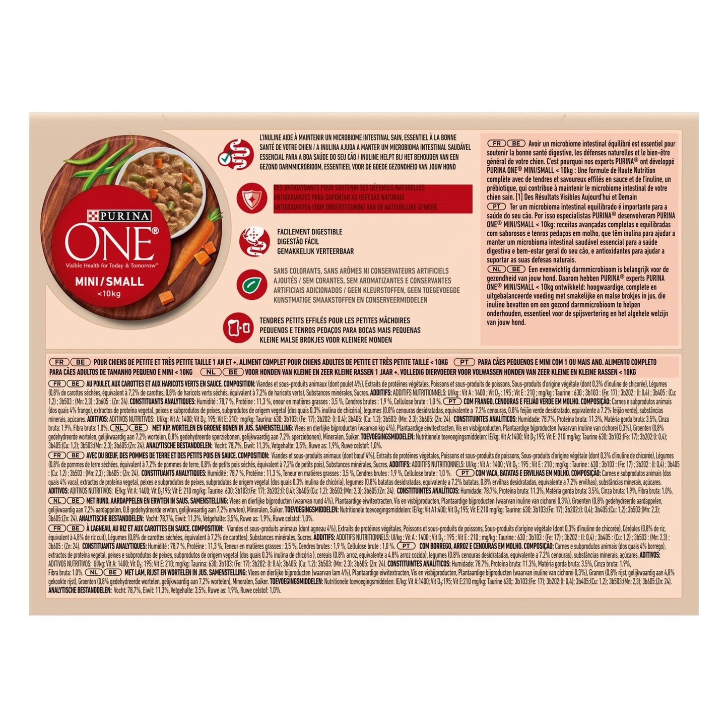 Pâtée pour Chien Adulte Petit < 10kg Microbiome Poulet Boeuf Agneau PURINA ONE