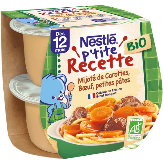 Plat Bébé Dés 12 Mois Mijoté de Carottes Boeuf Petites Pates P'tite Recette Bio NESTLE boite de 380g