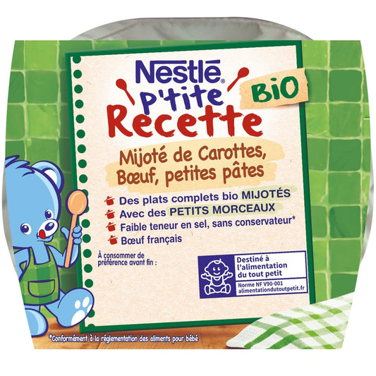 Plat Bébé Dés 12 Mois Mijoté de Carottes Boeuf Petites Pates P'tite Recette Bio NESTLE