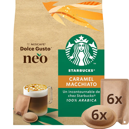 Caramel Macchiato Dosettes Starbucks NESCAFE DOLCE GUSTO NEO la boîte de 6 dosettes et de 6 sachets