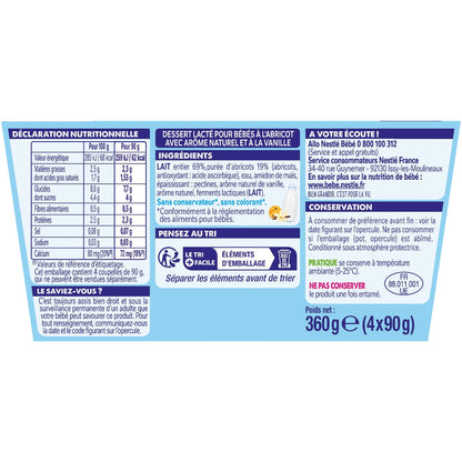 Dessert Bébé Dés 6 A 36 Mois, Abricot Vanille Sans Sucres Ajoutés NESTLE