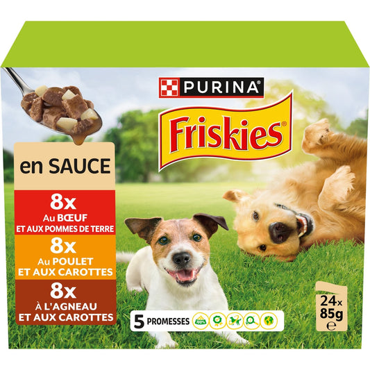 Pâtée pour Chien Adulte en Sauce Poulet Boeuf Agneau FRISKIES la boite de 24 sachets de 85g