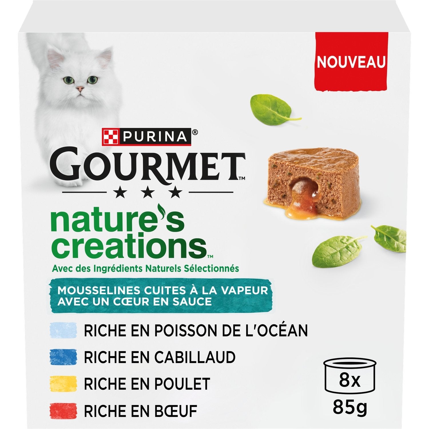 Pâtée pour Chat Adulte en Sauce Poisson Cabillaud Poulet Boeuf GOURMET les 8 boites de 85g
