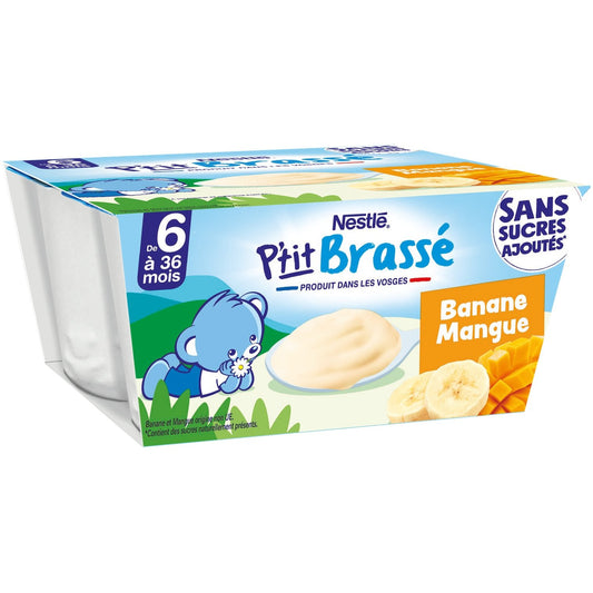 Dessert Bébé Dés 6 Mois, P'tit Brassé Banane Mangue Sans Sucres Ajoutés NESTLE 4 pots de 90g