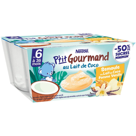 Dessert Bébé Dés 6 Mois, Semoule au Lait de Coco Pomme Vanille NESTLE 4 pots de 90g