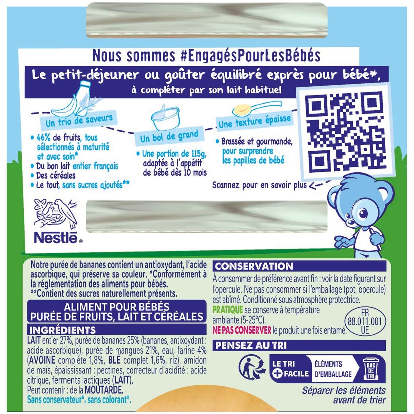 Dessert Bébé Dés 10 Mois, Banane Mangue Lait et Céréales Sans Sucres Ajoutés NESTLE