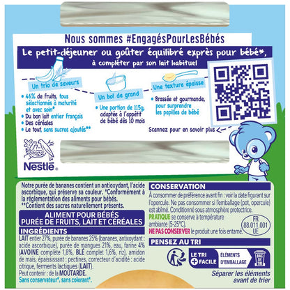 Dessert Bébé Dés 10 Mois, Banane Mangue Lait et Céréales Sans Sucres Ajoutés NESTLE
