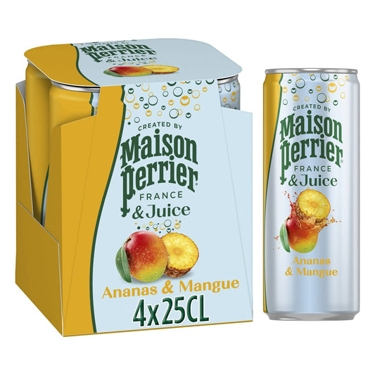 Eau Gazeuse Aromatisée Ananas Mangue MAISON PERRIER le pack de 4 canettes de 25cL