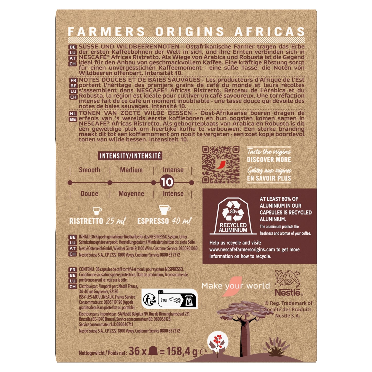 Café Capsules Espresso Ristretto Intensité 10 Africas Compatible Nespresso NESCAFE FARMERS ORIGINS 