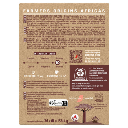Café Capsules Espresso Ristretto Intensité 10 Africas Compatible Nespresso NESCAFE FARMERS ORIGINS 