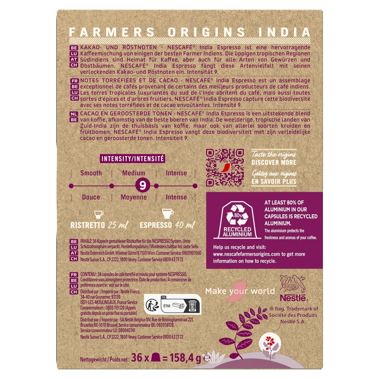 Café Capsules Espresso Intensité 9 India Compatible Nespresso NESCAFE FARMERS ORIGINS 