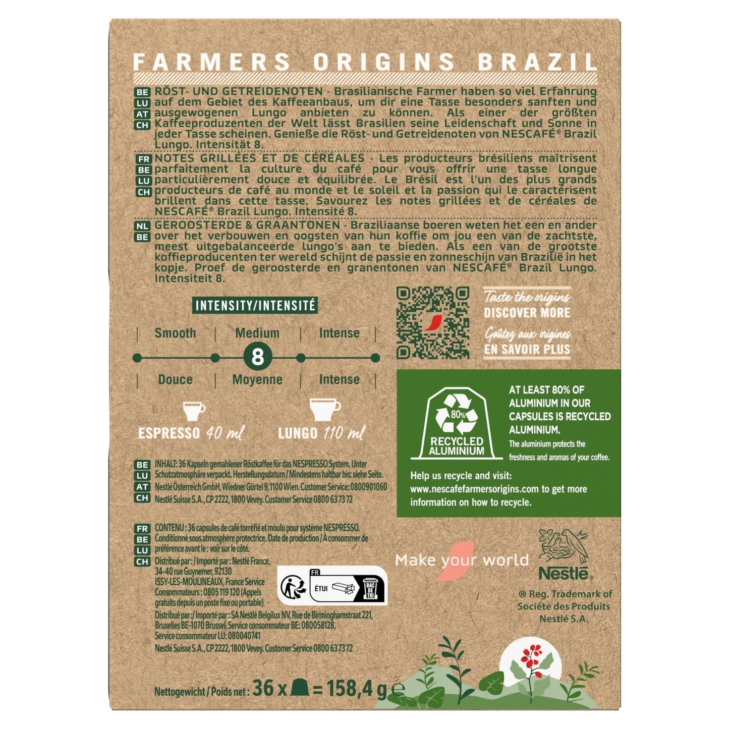 Café Capsules Lungo Intensité 8 Brazil Compatible Nespresso NESCAFE FARMERS ORIGINS 