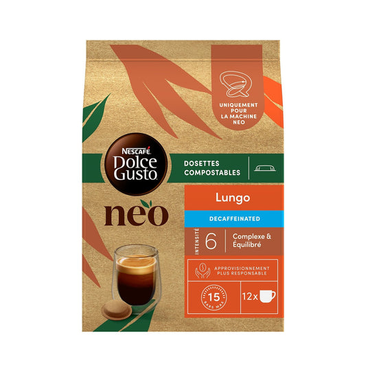 Café Dosettes Lungo Décaféiné Intensité 6 NESCAFE DOLCE GUSTO NEO la boite de 12 capsules