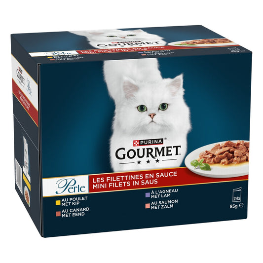 Pâtée pour Chat Adulte Filettines en Sauce Poulet Agneau Canard Saumon GOURMET les 24 sachets de 85g