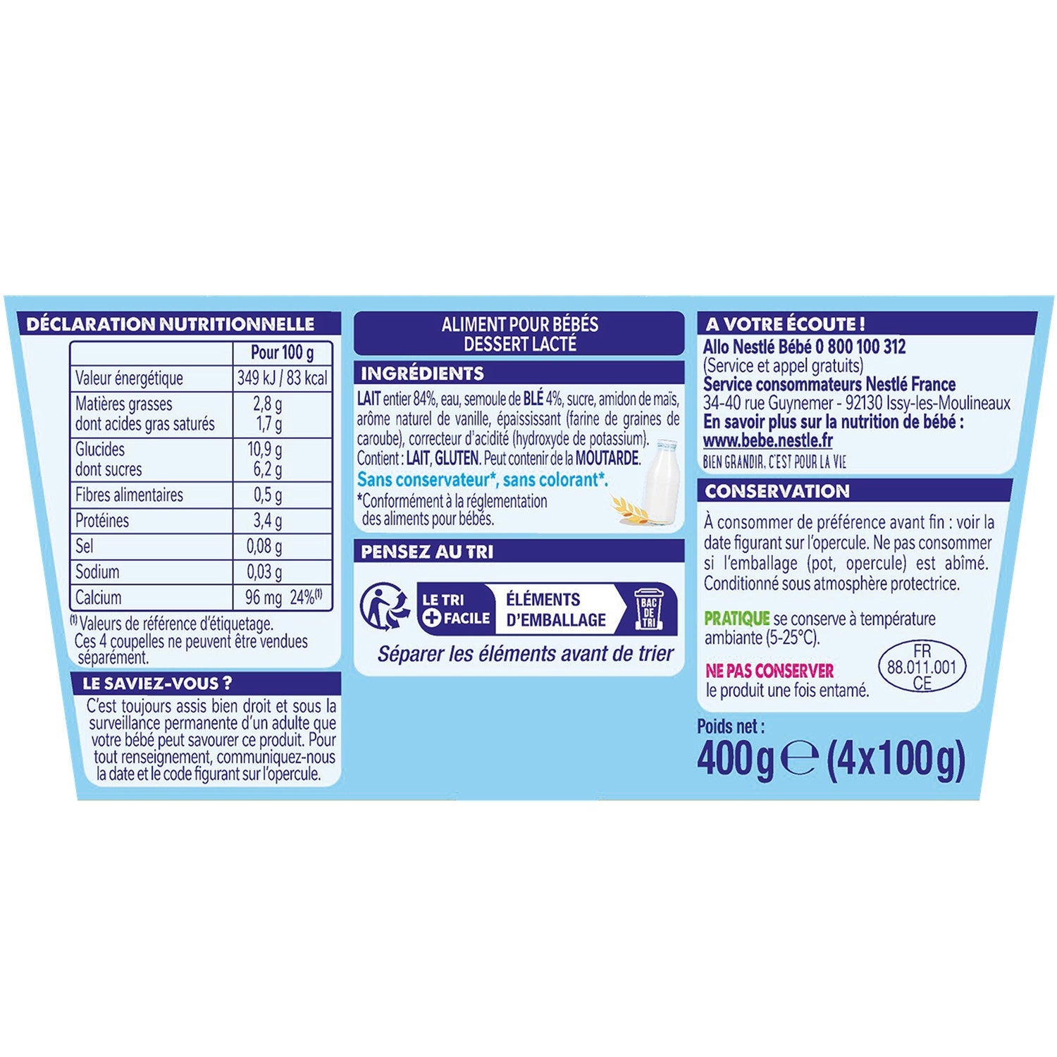 Dessert lacté bébé dès 6 mois Semoule P'tit Gourmand NESTLE 