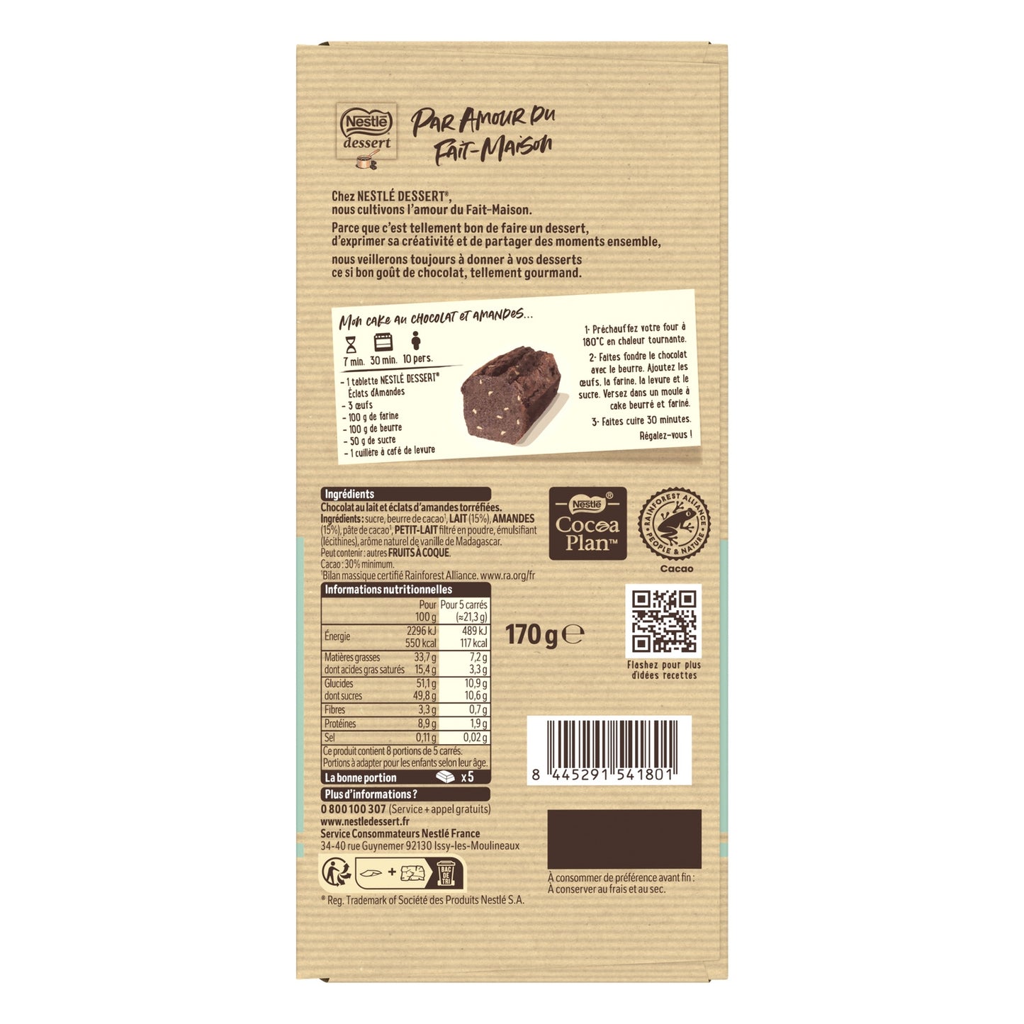 Tablette de chocolat lait éclats d'amandes NESTLE DESSERT 