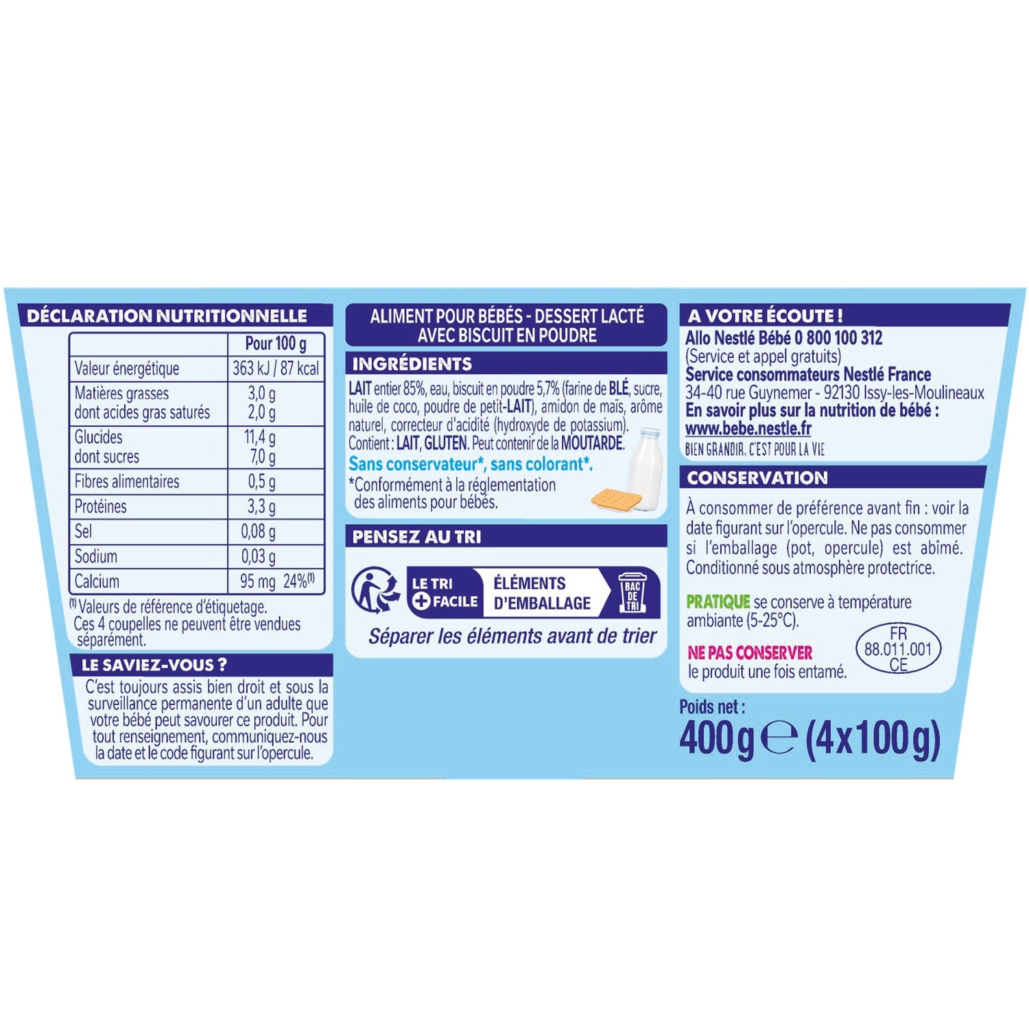 Dessert lacté bébé dès 6 mois Biscuit P'tit Gourmand NESTLE 