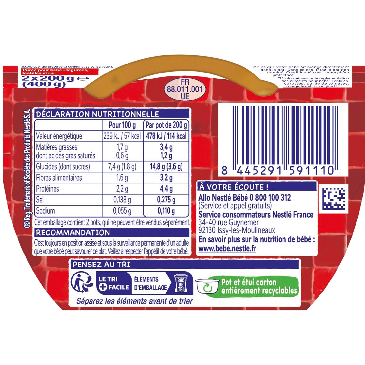 Plat bébé dahl de légumes lentilles riz NESTLE 
