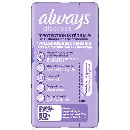 Serviettes Fuite Urinaire Long Discreet Protection Intégrale ALWAYS 